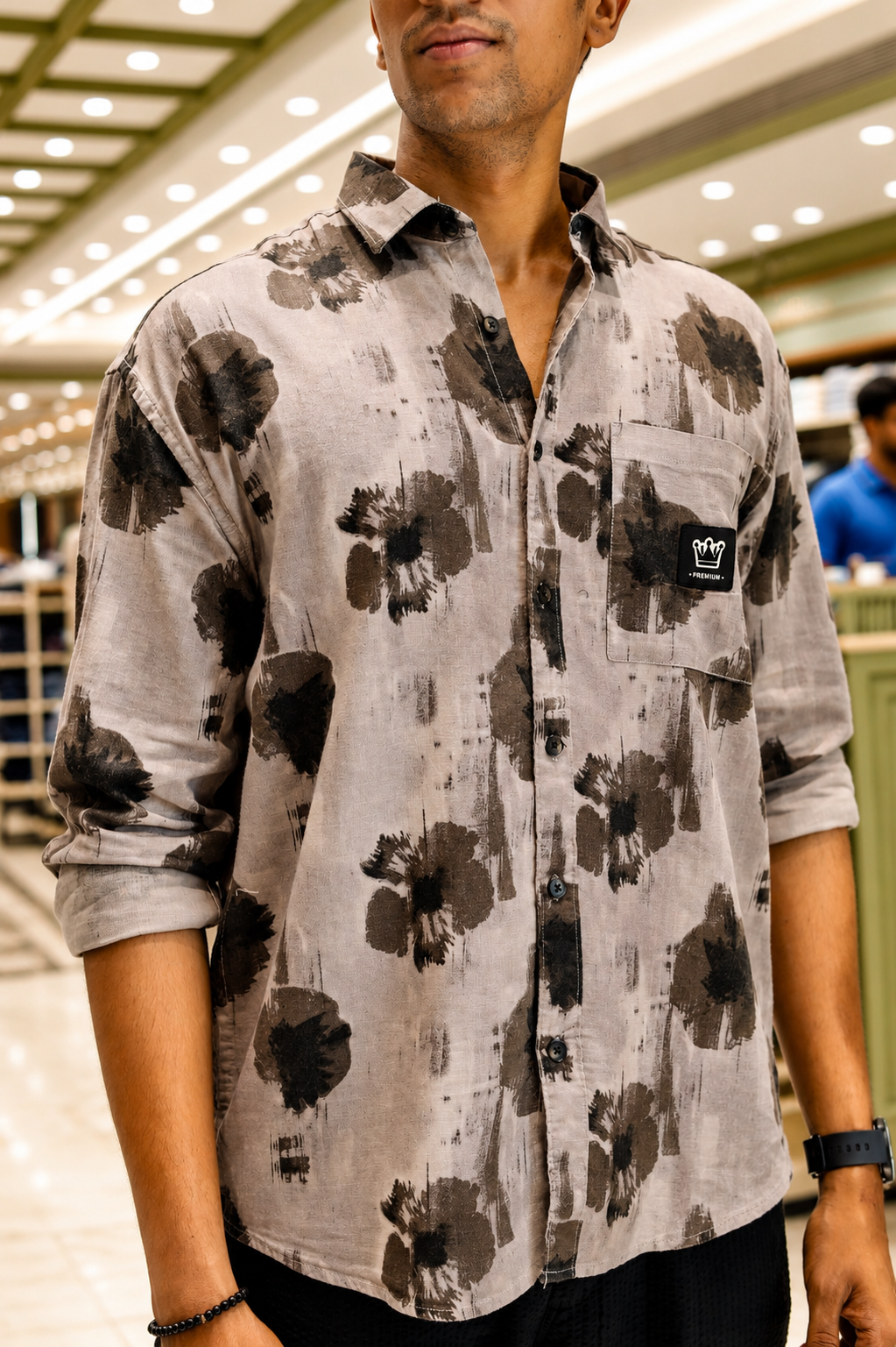 Brown Cotton-Blended Casual Shirt Featuring Abstract Print, a Spread Collar, Full Sleeves, Oversized Fit, and Regular Length