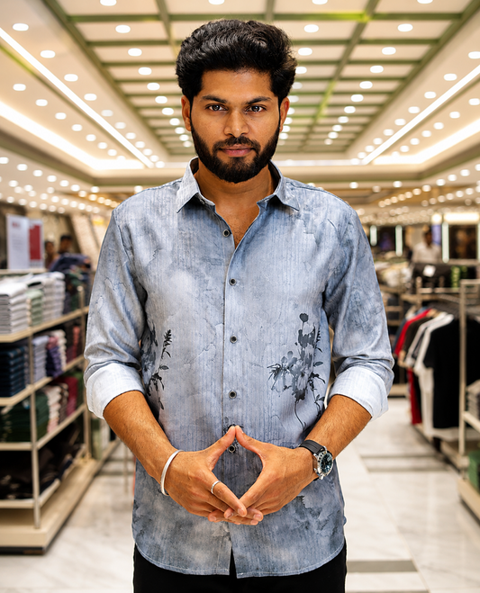 Grey Cotton-Blended Casual Shirt, Elegantly Printed with Abstract-Style Floral Print, Featuring a Spread Collar, Full Sleeves, Slim Fit, and Regular Length