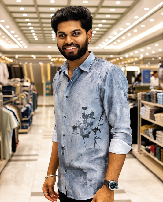 Grey Cotton-Blended Casual Shirt, Elegantly Printed with Abstract-Style Floral Print, Featuring a Spread Collar, Full Sleeves, Slim Fit, and Regular Length