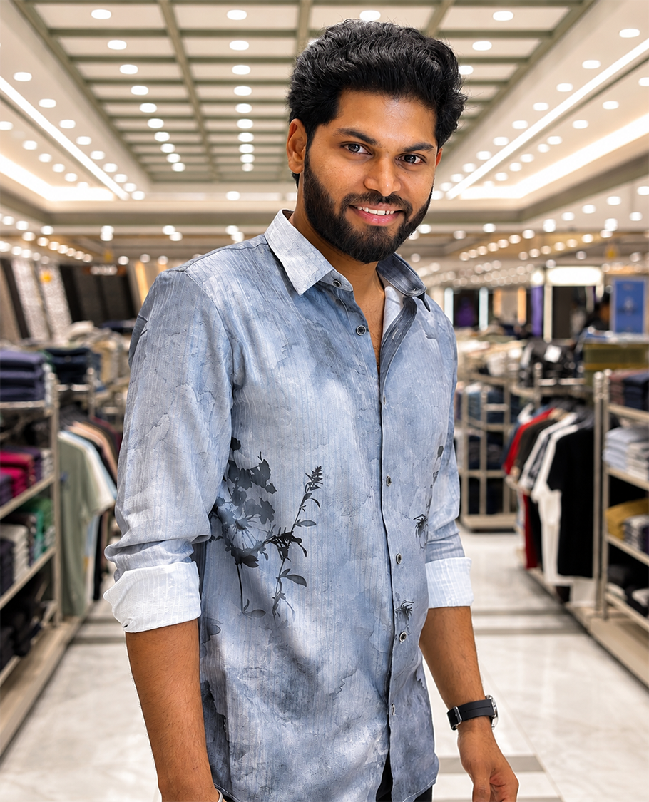 Grey Cotton-Blended Casual Shirt, Elegantly Printed with Abstract-Style Floral Print, Featuring a Spread Collar, Full Sleeves, Slim Fit, and Regular Length
