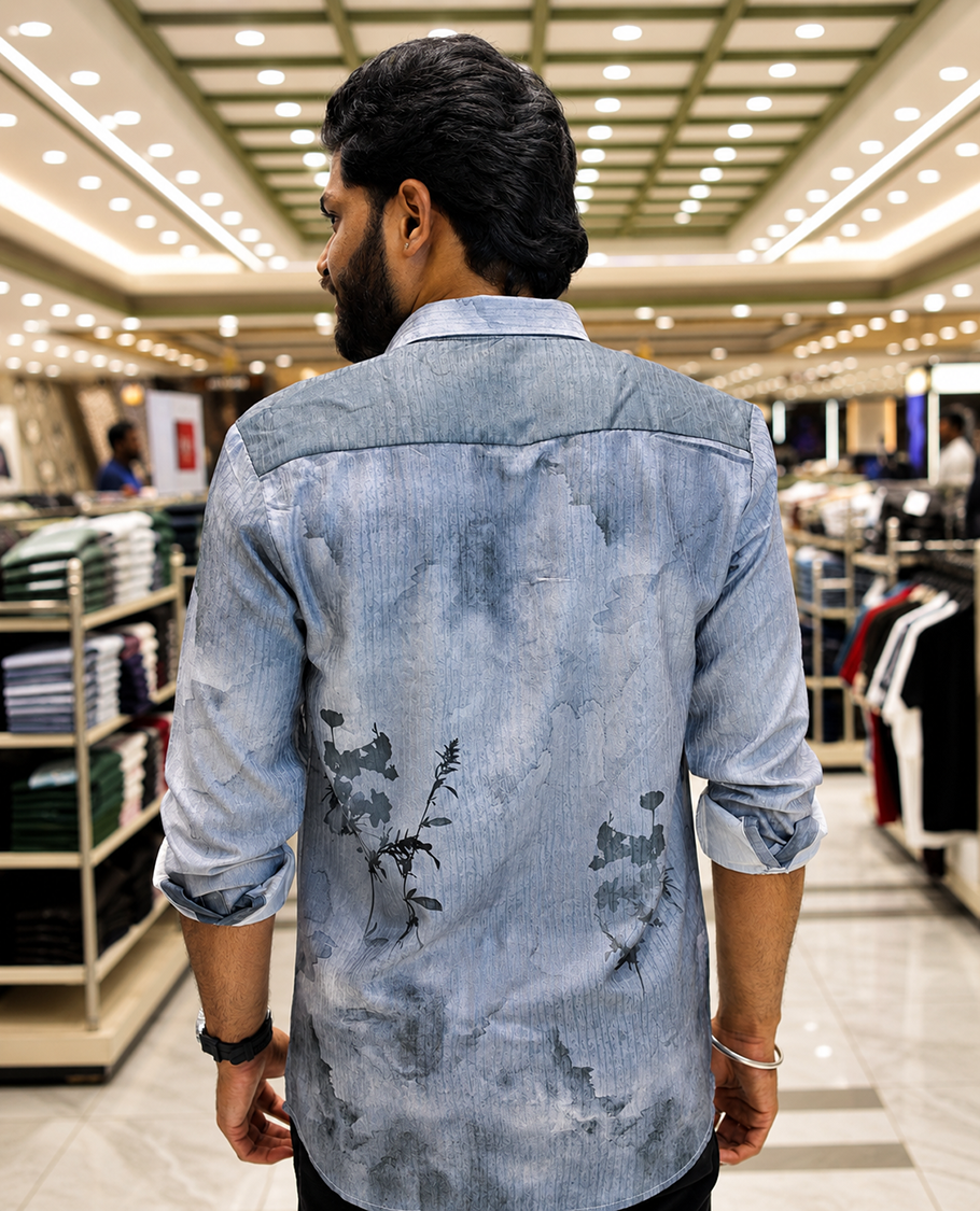Grey Cotton-Blended Casual Shirt, Elegantly Printed with Abstract-Style Floral Print, Featuring a Spread Collar, Full Sleeves, Slim Fit, and Regular Length