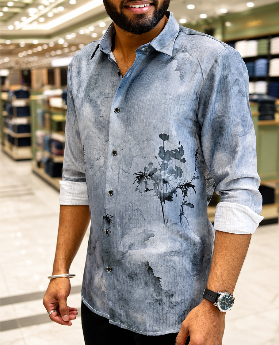 Grey Cotton-Blended Casual Shirt, Elegantly Printed with Abstract-Style Floral Print, Featuring a Spread Collar, Full Sleeves, Slim Fit, and Regular Length