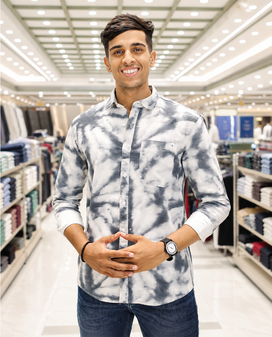 Grey Cotton-Blended Acid-Washed Casual Shirt, Uniquely Featuring Abstract-Style Design, Comes with a Spread Collar, Full Sleeves, Slim Fit, and Regular Length