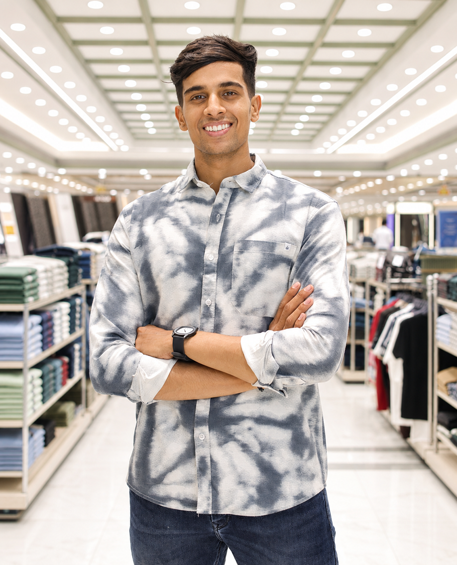 Grey Cotton-Blended Acid-Washed Casual Shirt, Uniquely Featuring Abstract-Style Design, Comes with a Spread Collar, Full Sleeves, Slim Fit, and Regular Length