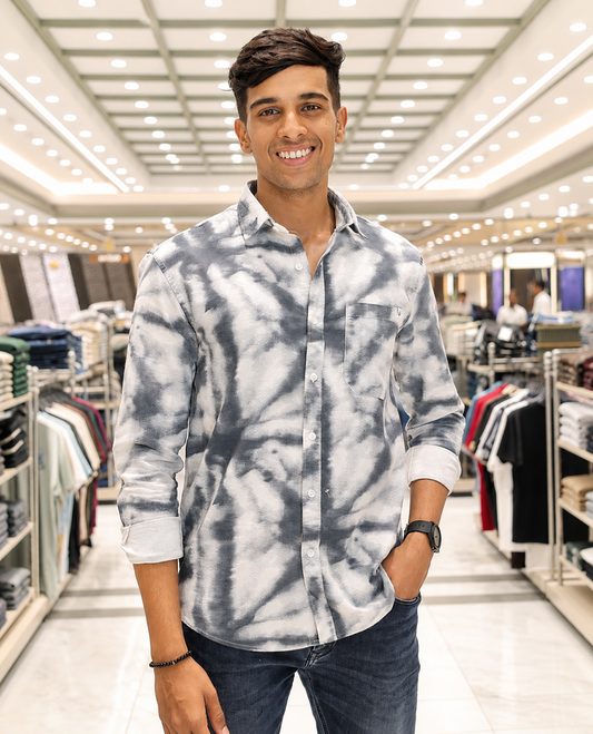 Grey Cotton-Blended Acid-Washed Casual Shirt, Uniquely Featuring Abstract-Style Design, Comes with a Spread Collar, Full Sleeves, Slim Fit, and Regular Length