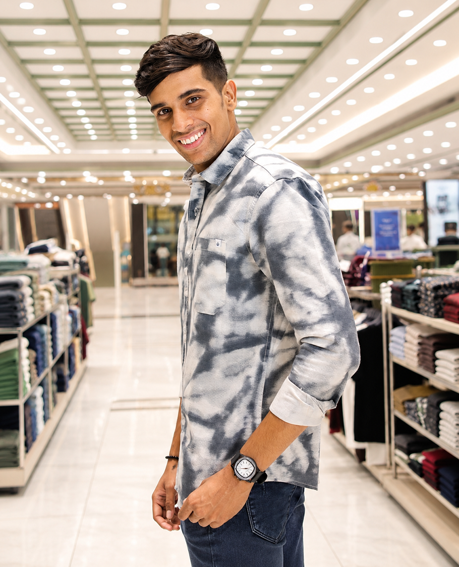 Grey Cotton-Blended Acid-Washed Casual Shirt, Uniquely Featuring Abstract-Style Design, Comes with a Spread Collar, Full Sleeves, Slim Fit, and Regular Length