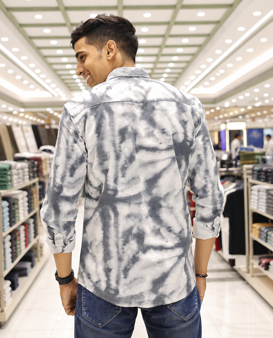 Grey Cotton-Blended Acid-Washed Casual Shirt, Uniquely Featuring Abstract-Style Design, Comes with a Spread Collar, Full Sleeves, Slim Fit, and Regular Length