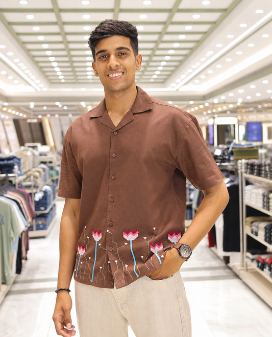 Brown Cotton Blended Casual Shirt, Detailed with Jamdani-style Flora-Theme Embroidery, Featuring a Cuban Collar, Full Sleeves, Regular Fit, and Regular Length