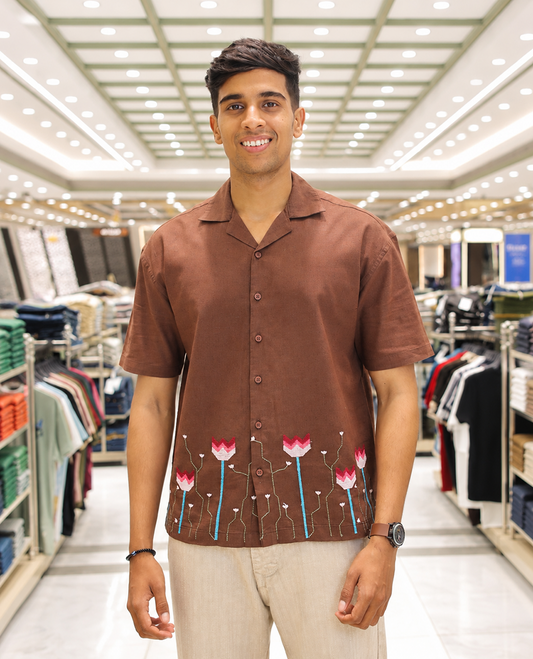Brown Cotton Blended Casual Shirt, Detailed with Jamdani-style Flora-Theme Embroidery, Featuring a Cuban Collar, Full Sleeves, Regular Fit, and Regular Length