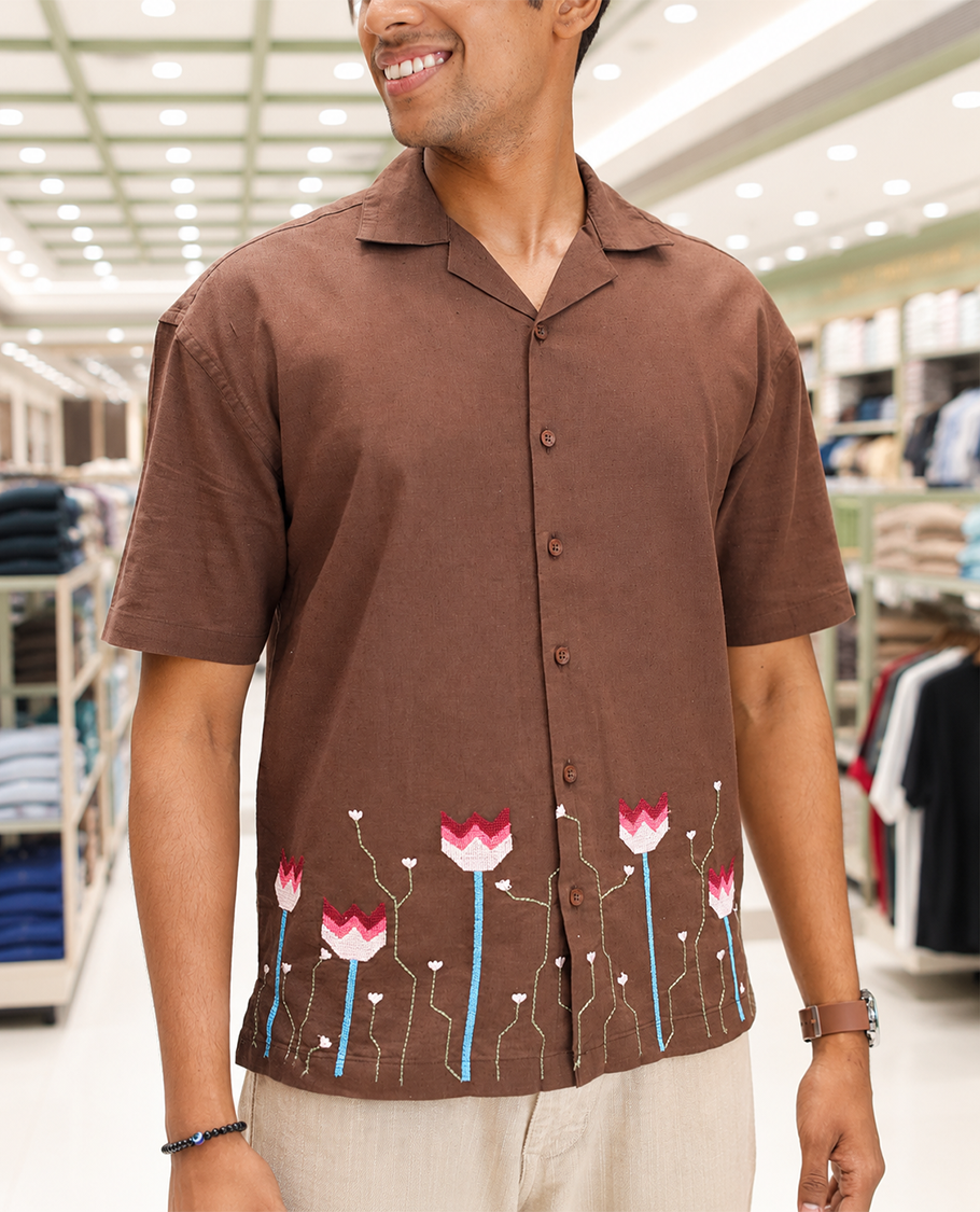 Brown Cotton Blended Casual Shirt, Detailed with Jamdani-style Flora-Theme Embroidery, Featuring a Cuban Collar, Full Sleeves, Regular Fit, and Regular Length