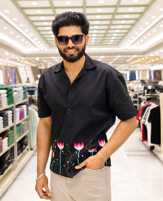 Black Cotton Blended Casual Shirt, Enthralled with Jamdani-style Flora-Theme Embroidery, Featuring a Cuban Collar, Full Sleeves, Regular Fit, and Regular Length