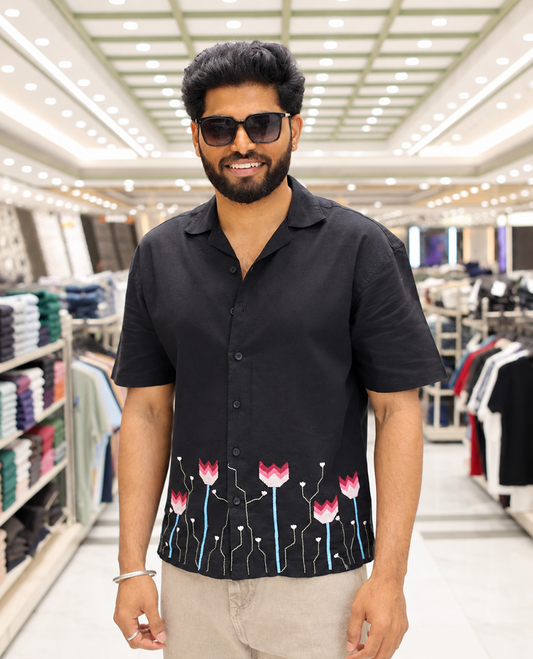 Black Cotton Blended Casual Shirt, Enthralled with Jamdani-style Flora-Theme Embroidery, Featuring a Cuban Collar, Full Sleeves, Regular Fit, and Regular Length