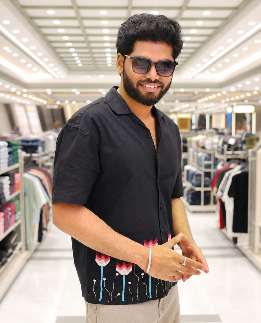Black Cotton Blended Casual Shirt, Enthralled with Jamdani-style Flora-Theme Embroidery, Featuring a Cuban Collar, Full Sleeves, Regular Fit, and Regular Length