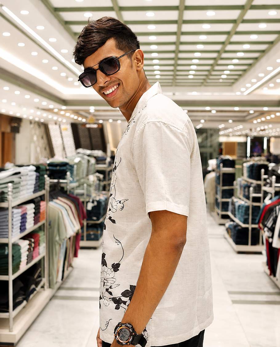 White Cotton-Blended Casual Shirt, Adorned with Floral Print and Embroidery, Featuring a Cuban Collar, Half Sleeves, Slim Fit, and Regular Length