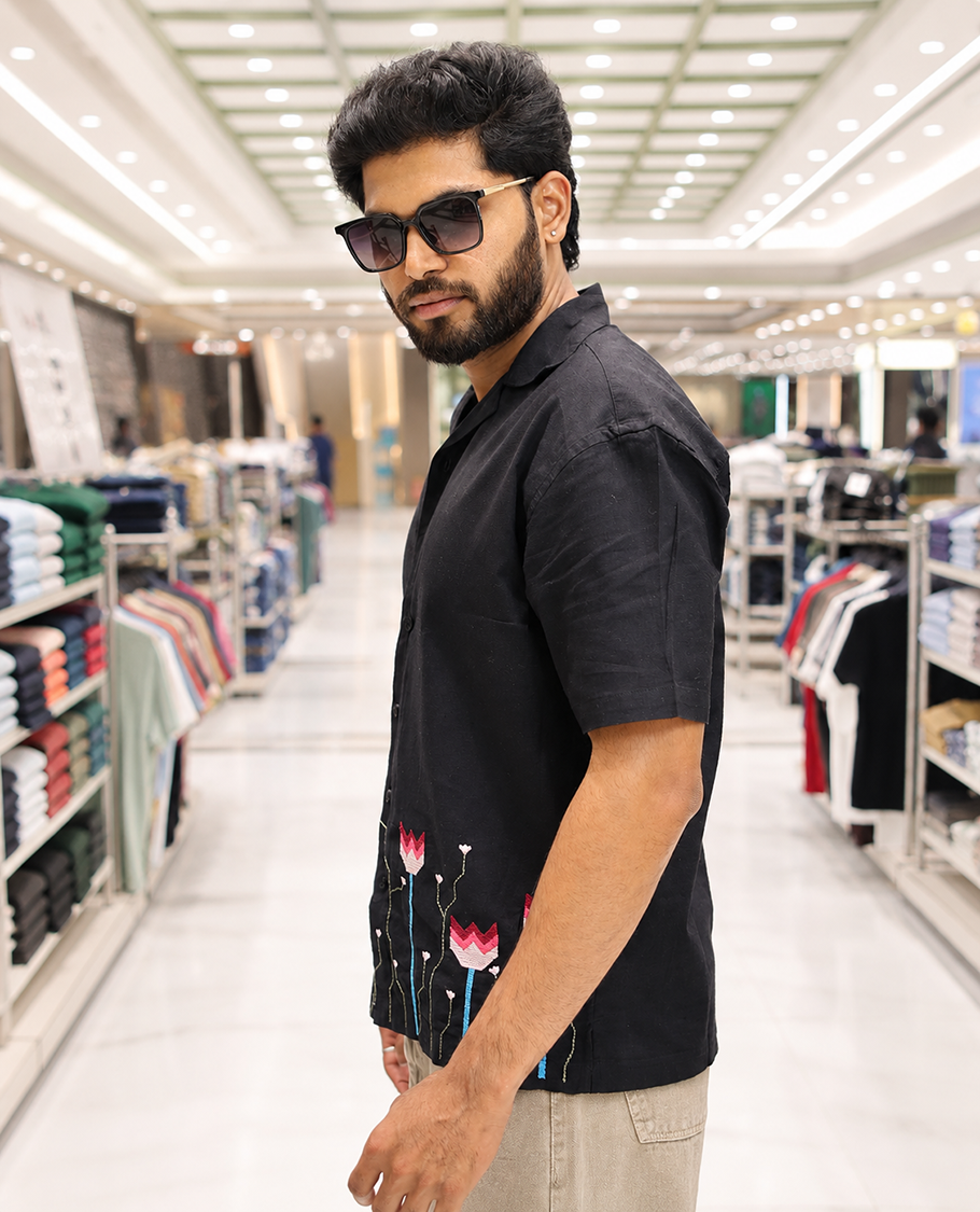 Black Cotton Blended Casual Shirt, Enthralled with Jamdani-style Flora-Theme Embroidery, Featuring a Cuban Collar, Full Sleeves, Regular Fit, and Regular Length