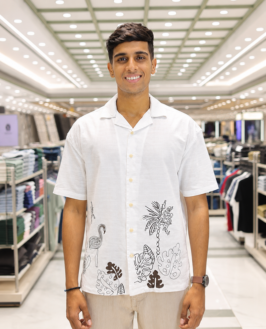 White Cotton Blended Casual Shirt, Delicately Woven with Flora-Theme Embroidery, Featuring a Cuban Collar, Full Sleeves, Regular Fit, and Regular Length