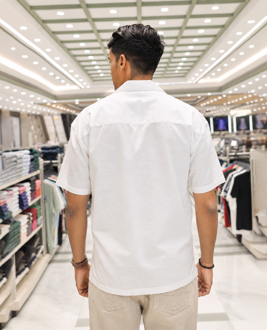 White Cotton Blended Casual Shirt, Delicately Woven with Flora-Theme Embroidery, Featuring a Cuban Collar, Full Sleeves, Regular Fit, and Regular Length