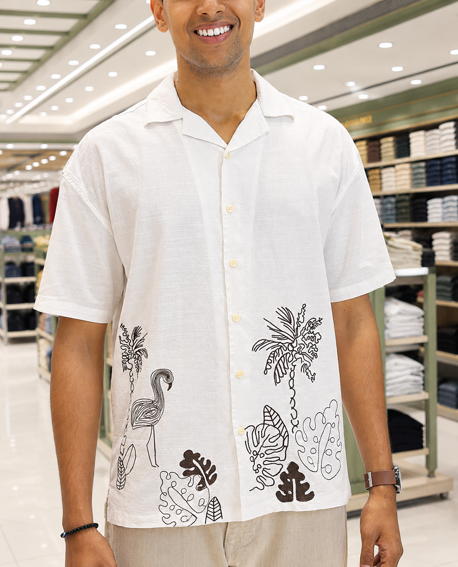 White Cotton Blended Casual Shirt, Delicately Woven with Flora-Theme Embroidery, Featuring a Cuban Collar, Full Sleeves, Regular Fit, and Regular Length