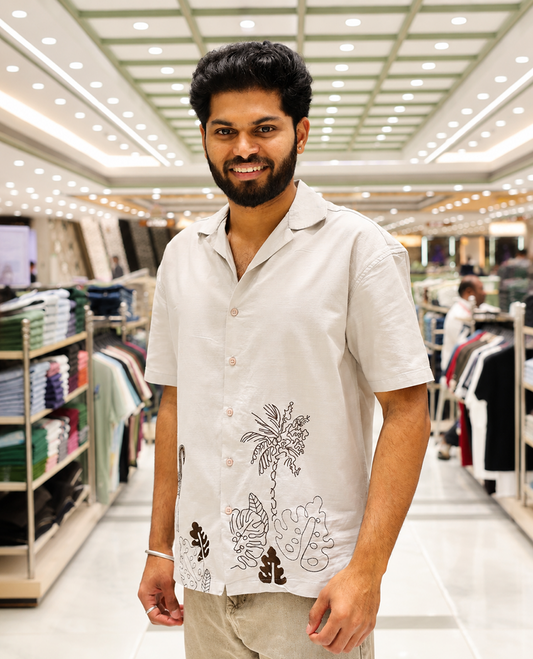 Grey Cotton Blended Casual Shirt, Delicately Designed with Flora-Theme Embroidery, Featuring a Cuban Collar, Full Sleeves, Regular Fit, and Regular Length