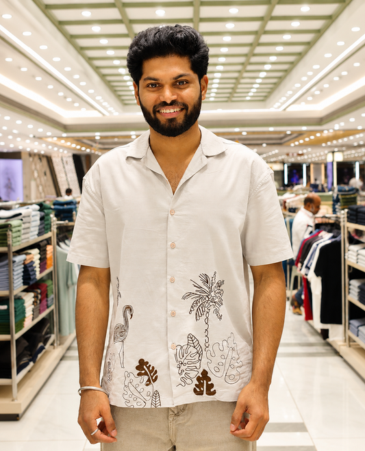 Grey Cotton Blended Casual Shirt, Delicately Designed with Flora-Theme Embroidery, Featuring a Cuban Collar, Full Sleeves, Regular Fit, and Regular Length