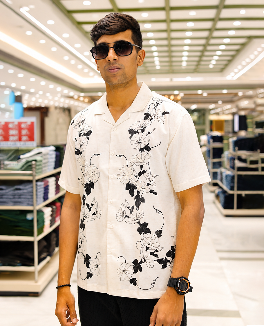 White Cotton-Blended Casual Shirt, Adorned with Floral Print and Embroidery, Featuring a Cuban Collar, Half Sleeves, Slim Fit, and Regular Length