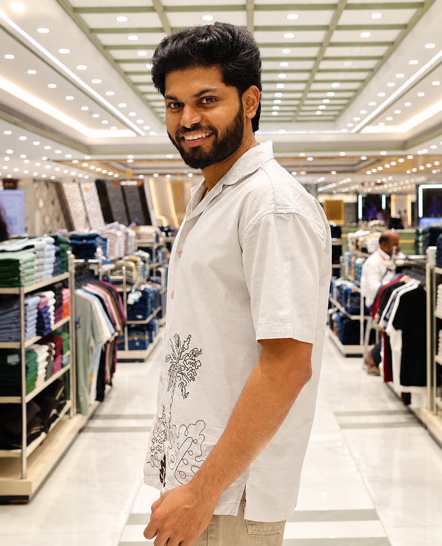 Grey Cotton Blended Casual Shirt, Delicately Designed with Flora-Theme Embroidery, Featuring a Cuban Collar, Full Sleeves, Regular Fit, and Regular Length