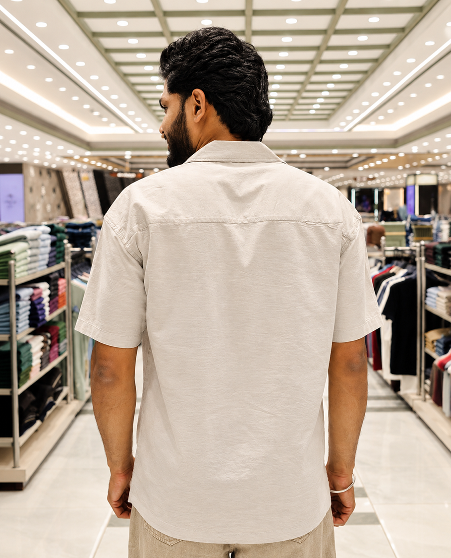 Grey Cotton Blended Casual Shirt, Delicately Designed with Flora-Theme Embroidery, Featuring a Cuban Collar, Full Sleeves, Regular Fit, and Regular Length