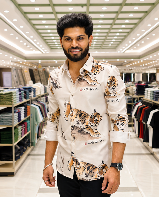Cream Cotton-Blended Casual Shirt, Creatively Designed with a Tiger Motif Print, Featuring a Spread Collar, Full Sleeves, Slim Fit, and Regular Length