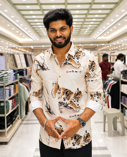 Cream Cotton-Blended Casual Shirt, Creatively Designed with a Tiger Motif Print, Featuring a Spread Collar, Full Sleeves, Slim Fit, and Regular Length
