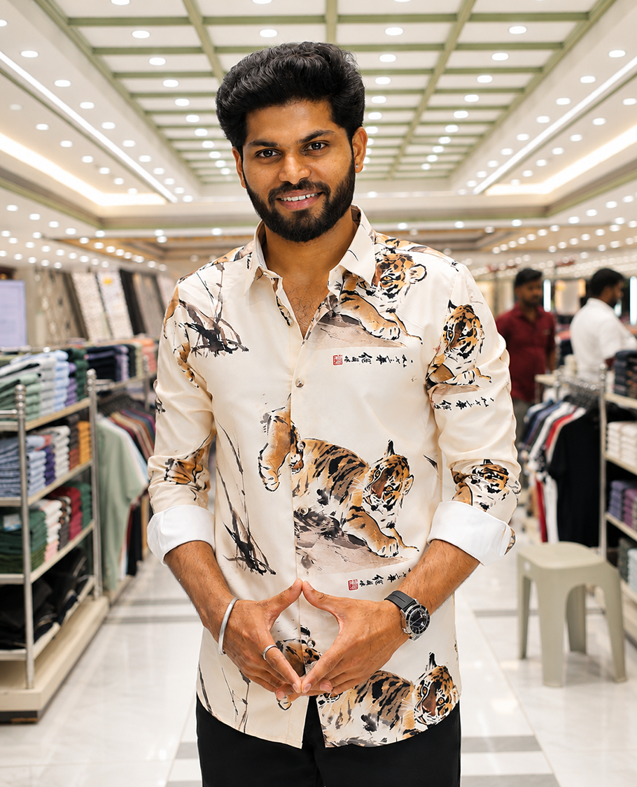 Cream Cotton-Blended Casual Shirt, Creatively Designed with a Tiger Motif Print, Featuring a Spread Collar, Full Sleeves, Slim Fit, and Regular Length