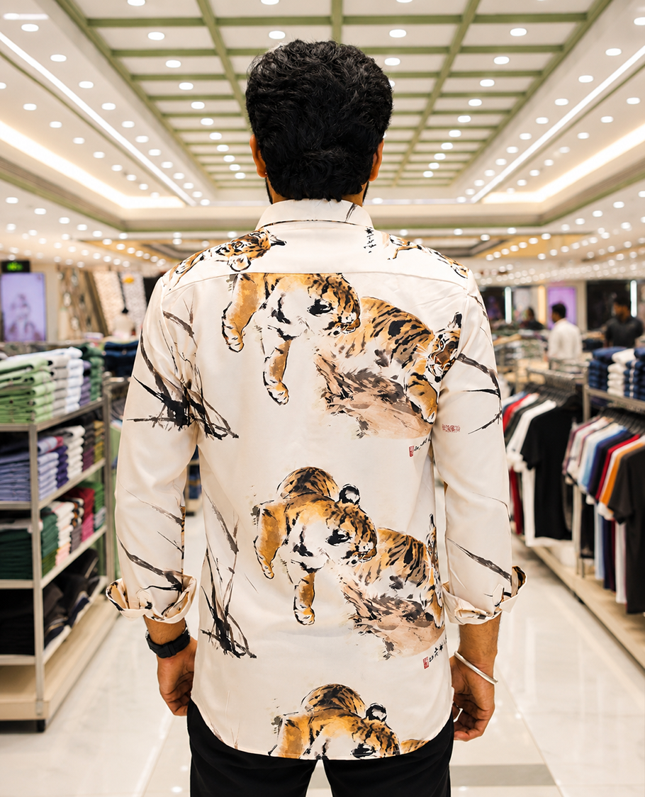 Cream Cotton-Blended Casual Shirt, Creatively Designed with a Tiger Motif Print, Featuring a Spread Collar, Full Sleeves, Slim Fit, and Regular Length