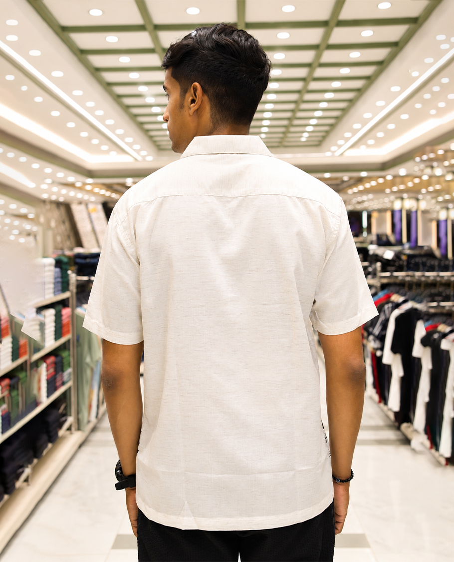 White Cotton-Blended Casual Shirt, Adorned with Floral Print and Embroidery, Featuring a Cuban Collar, Half Sleeves, Slim Fit, and Regular Length