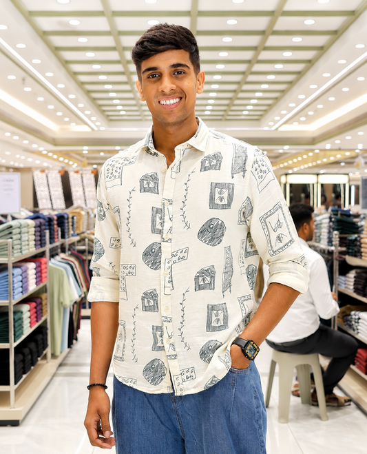 Cream-Green Cotton-Blended Casual Shirt, with Unique Motif Prints, Featuring a Spread Collar, Full Sleeves, Slim Fit, and Regular Length