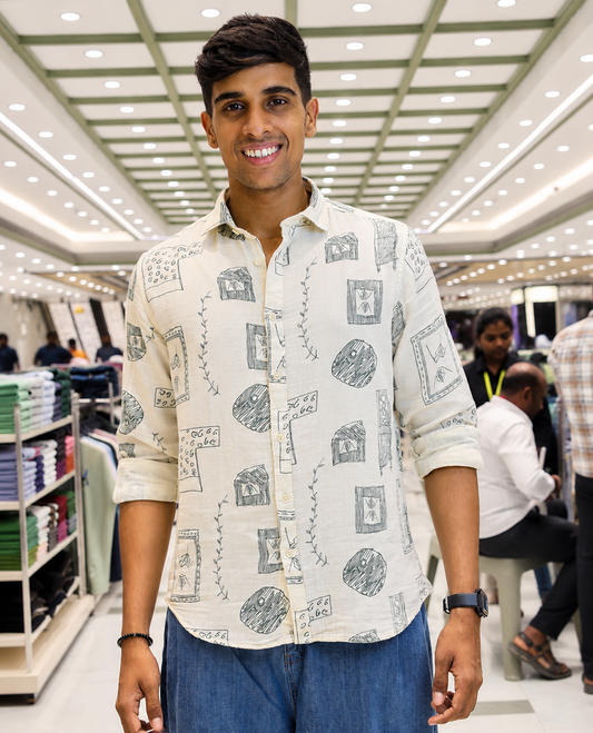 Cream-Black Cotton-Blended Casual Shirt, with Unique Motif Prints, Featuring a Spread Collar, Full Sleeves, Slim Fit, and Regular Length