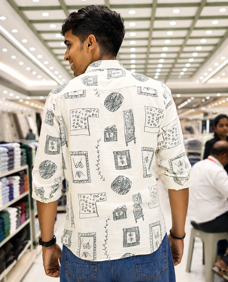 Cream-Green Cotton-Blended Casual Shirt, with Unique Motif Prints, Featuring a Spread Collar, Full Sleeves, Slim Fit, and Regular Length