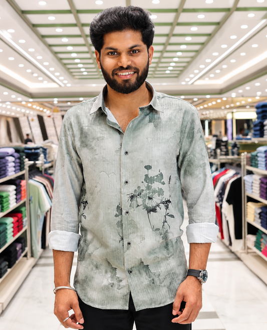 Green Cotton-Blended Casual Shirt, Beautifully Printed with Abstract-Style Floral Print, Featuring a Spread Collar, Full Sleeves, Slim Fit, and Regular Length