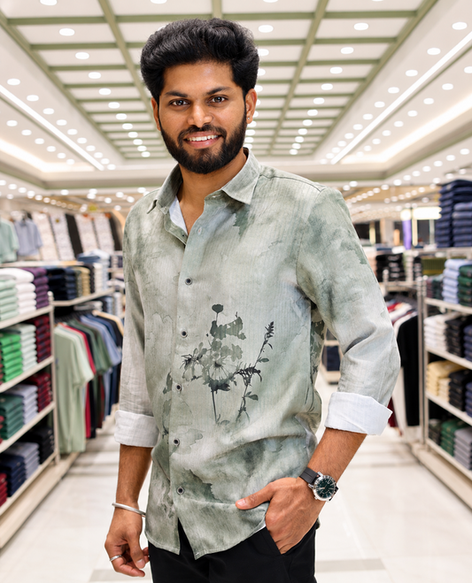 Green Cotton-Blended Casual Shirt, Beautifully Printed with Abstract-Style Floral Print, Featuring a Spread Collar, Full Sleeves, Slim Fit, and Regular Length