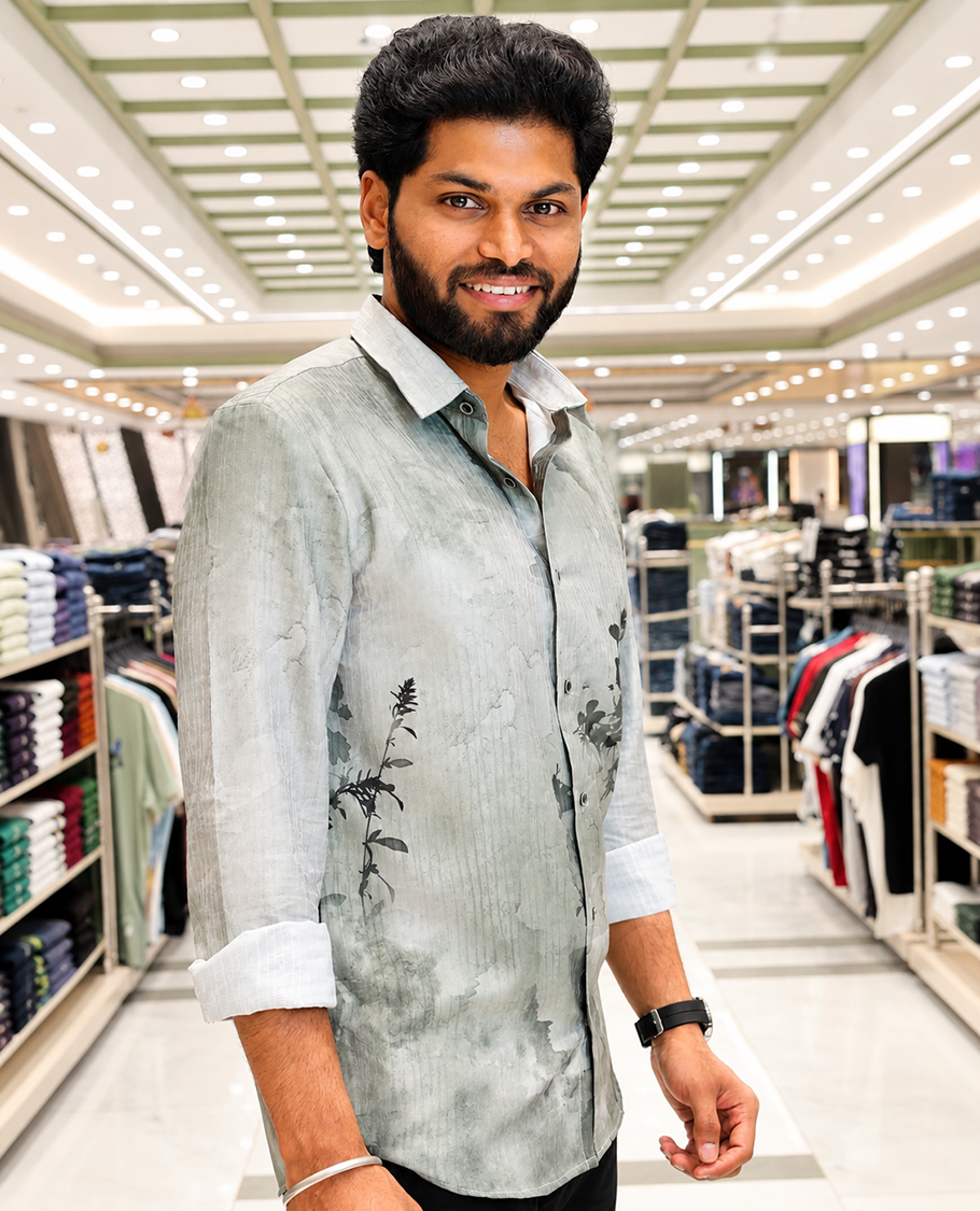 Green Cotton-Blended Casual Shirt, Beautifully Printed with Abstract-Style Floral Print, Featuring a Spread Collar, Full Sleeves, Slim Fit, and Regular Length