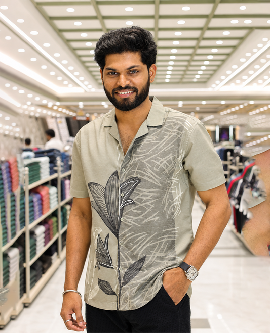 Grey Cotton-Blended Casual Shirt, Beautified with Flora-Geometric Motifs Print and Embroidery, Featuring a Cuban Collar, Half Sleeves, Slim Fit, and Regular Length