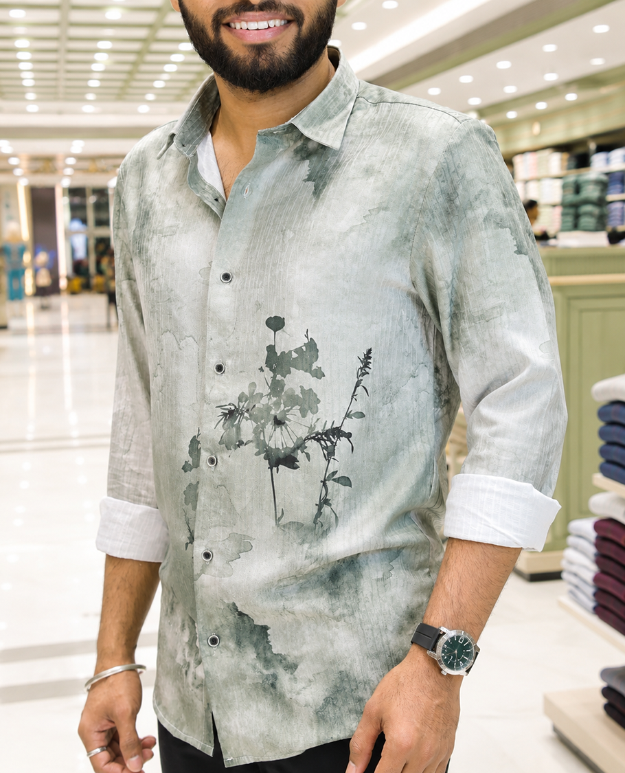 Green Cotton-Blended Casual Shirt, Beautifully Printed with Abstract-Style Floral Print, Featuring a Spread Collar, Full Sleeves, Slim Fit, and Regular Length