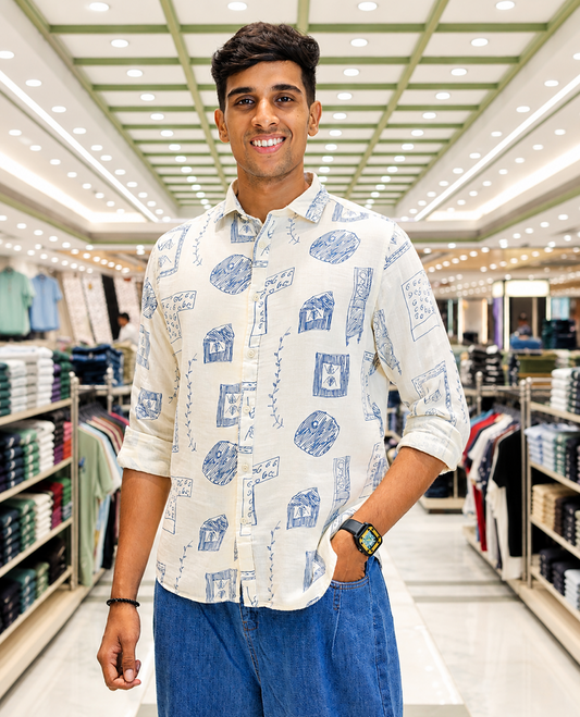 Cream-Blue Cotton-Blended Casual Shirt, with Unique Motif Prints, Featuring a Spread Collar, Full Sleeves, Slim Fit, and Regular Length