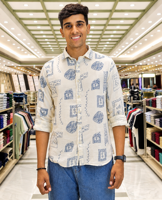 Cream-Blue Cotton-Blended Casual Shirt, with Unique Motif Prints, Featuring a Spread Collar, Full Sleeves, Slim Fit, and Regular Length