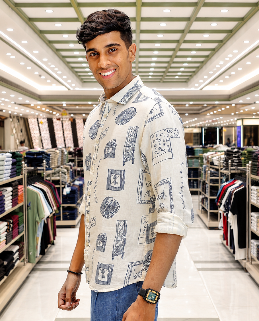 Cream-Blue Cotton-Blended Casual Shirt, with Unique Motif Prints, Featuring a Spread Collar, Full Sleeves, Slim Fit, and Regular Length