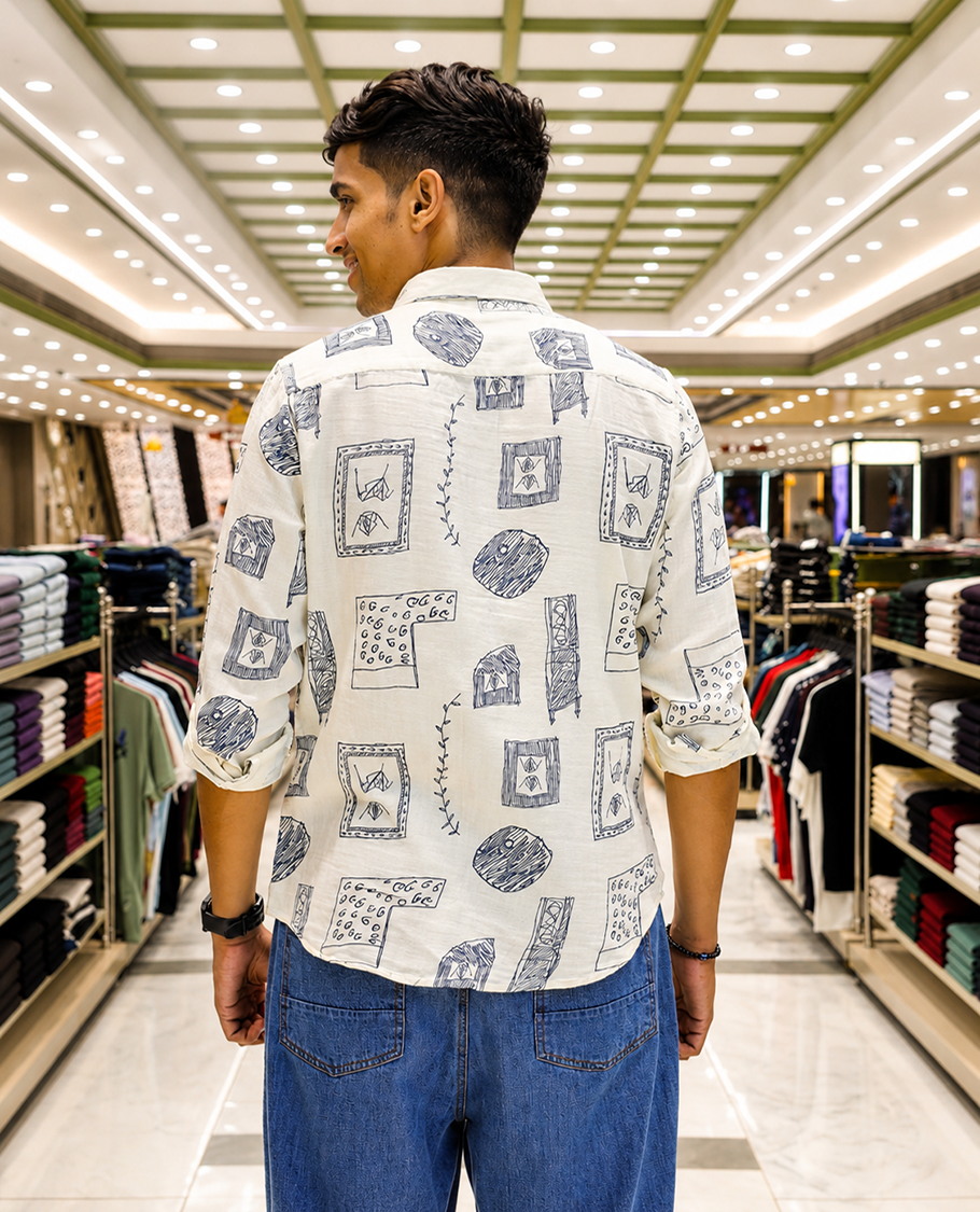 Cream-Blue Cotton-Blended Casual Shirt, with Unique Motif Prints, Featuring a Spread Collar, Full Sleeves, Slim Fit, and Regular Length