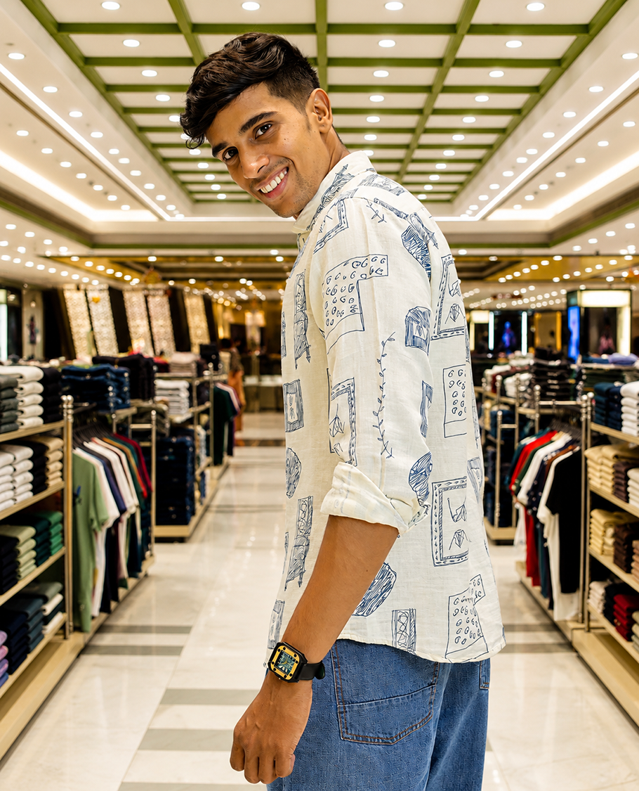 Cream-Blue Cotton-Blended Casual Shirt, with Unique Motif Prints, Featuring a Spread Collar, Full Sleeves, Slim Fit, and Regular Length