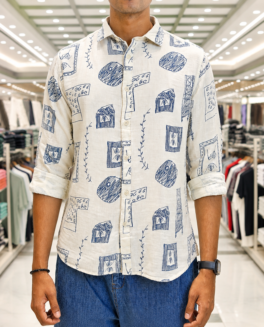 Cream-Blue Cotton-Blended Casual Shirt, with Unique Motif Prints, Featuring a Spread Collar, Full Sleeves, Slim Fit, and Regular Length