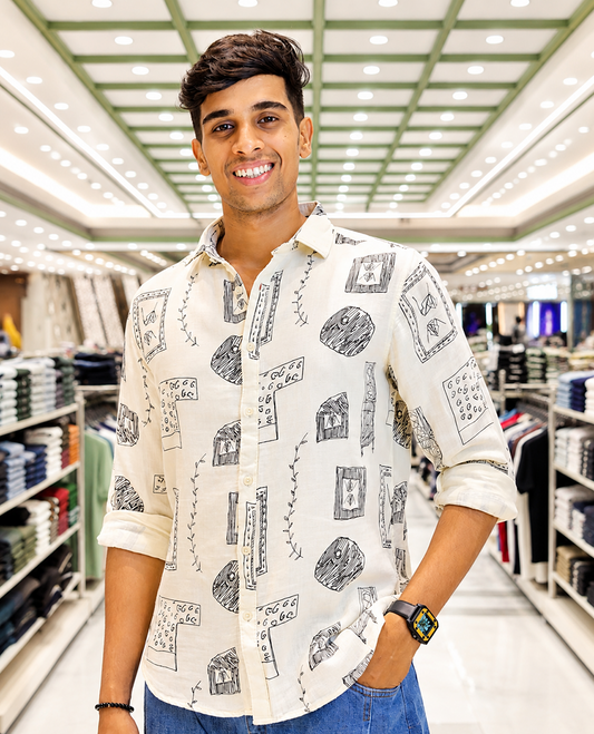 Cream-Black Cotton-Blended Casual Shirt, with Unique Motif Prints, Featuring a Spread Collar, Full Sleeves, Slim Fit, and Regular Length