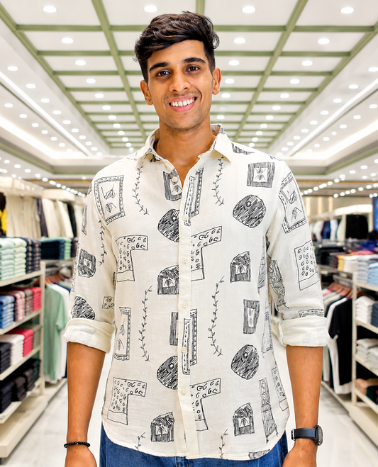 Cream-Black Cotton-Blended Casual Shirt, with Unique Motif Prints, Featuring a Spread Collar, Full Sleeves, Slim Fit, and Regular Length