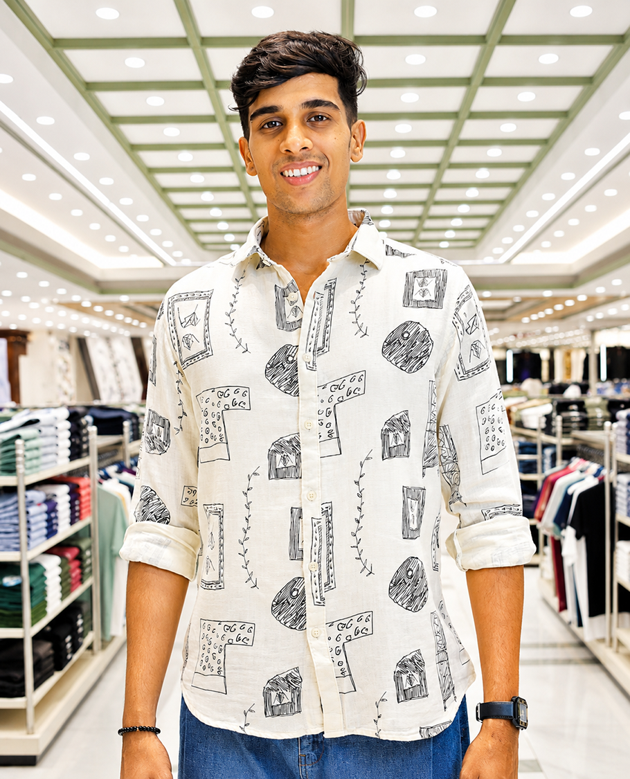 Cream-Black Cotton-Blended Casual Shirt, with Unique Motif Prints, Featuring a Spread Collar, Full Sleeves, Slim Fit, and Regular Length