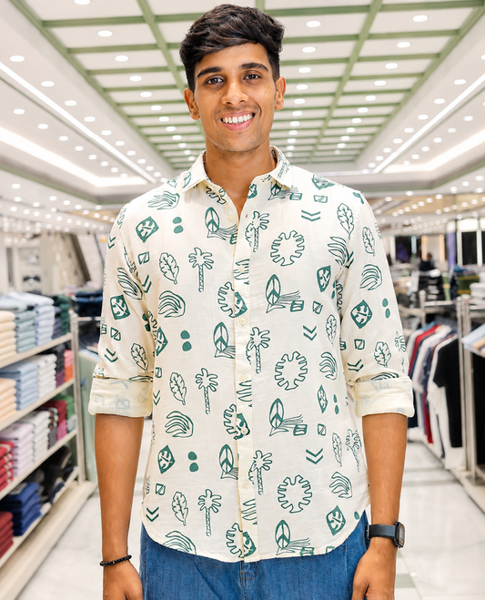 Cream-Green Cotton-Blended Casual Shirt, Uniquely Printed with Tropical Flora-Theme Motifs, Featuring a Spread Collar, Full Sleeves, Slim Fit, and Regular Length